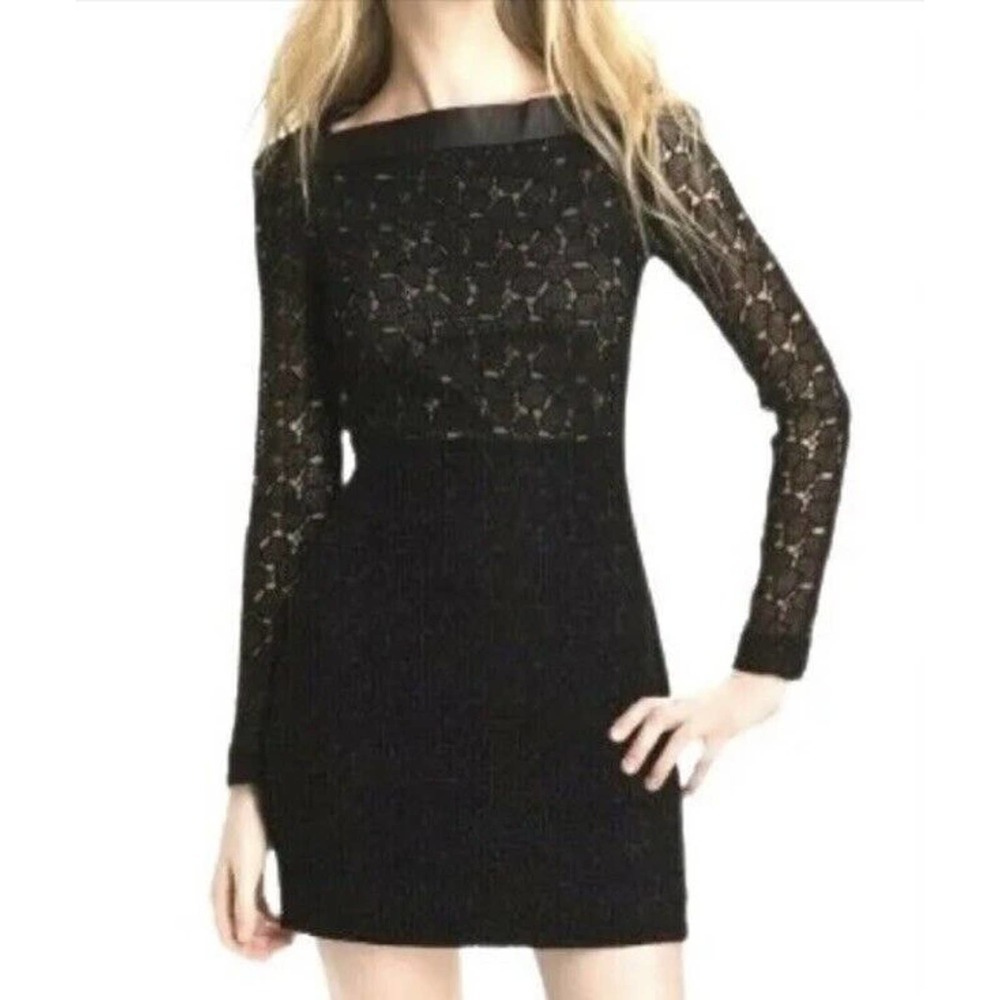 Diane Von Furstenberg Dress Sz 4 Sarita Black Lace Crochet Lambskin Trim Mini‌‌